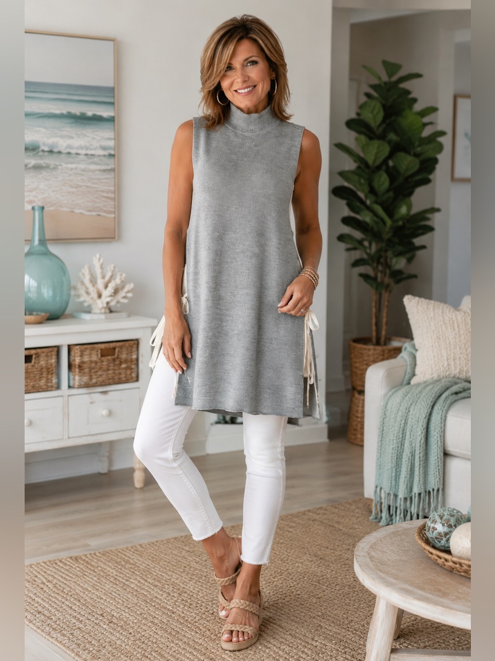 ALICE + OLIVIA ALVERA MOCK NECK SIDE TIE TUNIC GREY CREAM SIZE SMALL DESIGNER